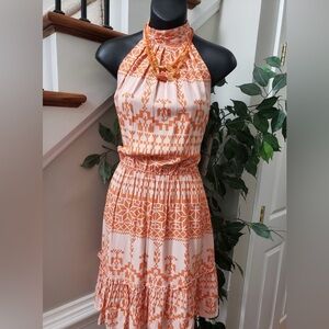 BTFBM orange and white Aztec shapes halter dress.